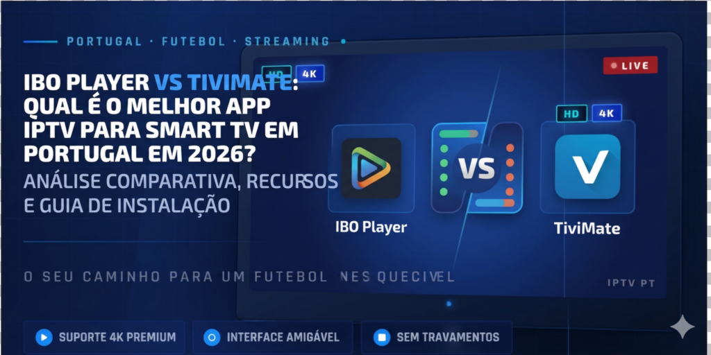 Comparativo IBO Player vs TiviMate para IPTV em Portugal 2026.