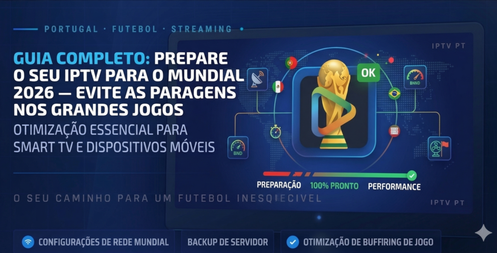 Infográfico sobre preparação de IPTV para o Mundial 2026 com ícones de rede, servidor e troféu.